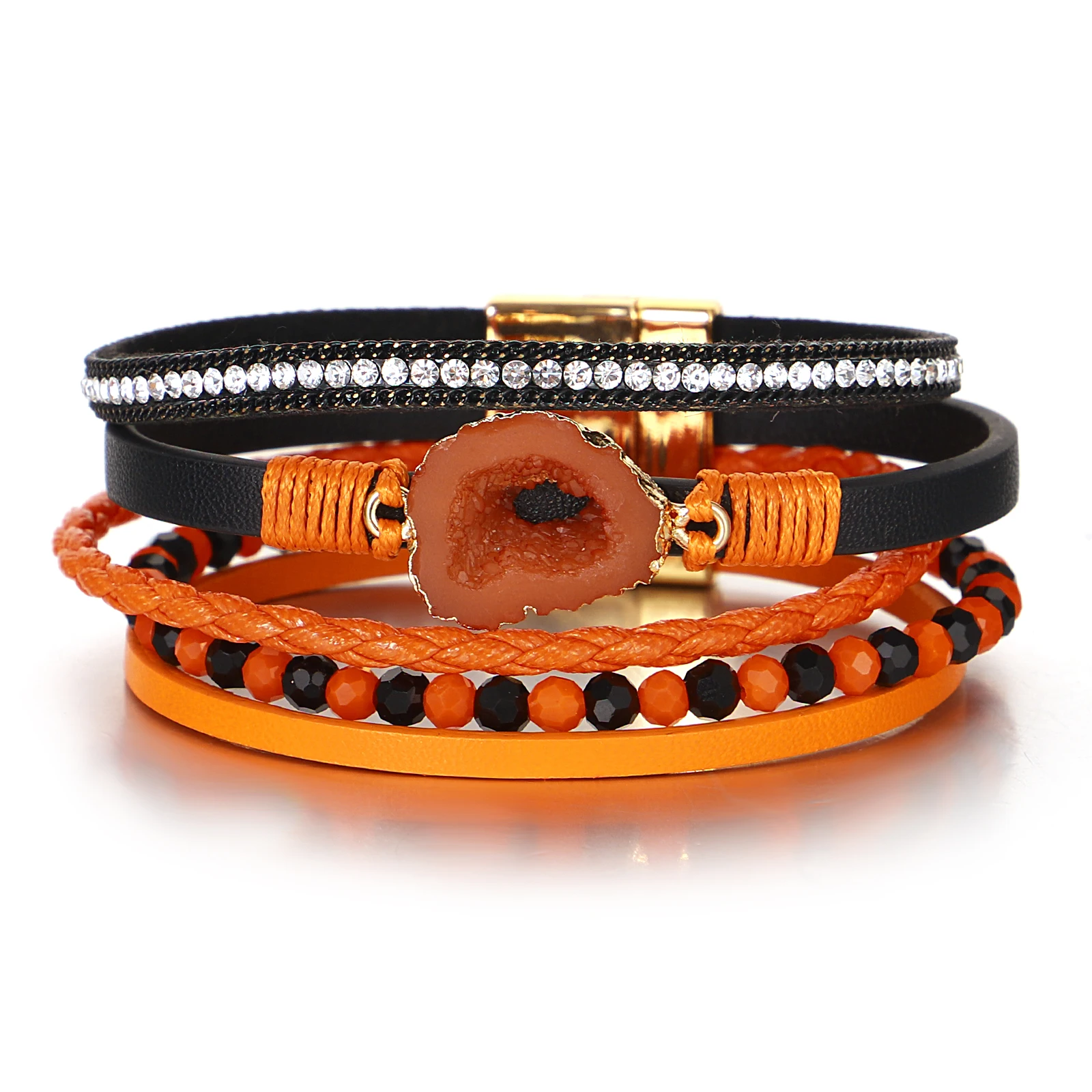 สร้อยข้อมือหนังหลายชั้นประดับหินเทียมสไตล์วินเทจ Amorcome สำหรับผู้หญิง สร้อยข้อมือเชือกถัก ของขวัญเครื่องประดับสำหรับวันหยุด