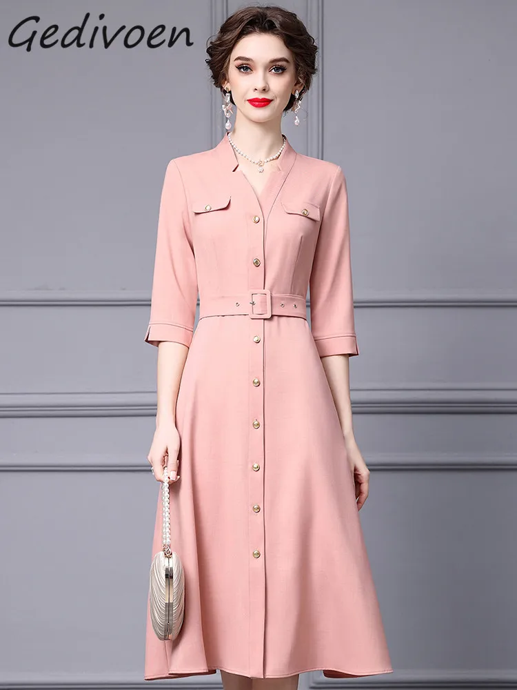 

Gedivoen Autumn Fashion Runway Pink Vintage Trench Coat Women V Neck Button Pockets Sashes Gathered Waist Slim Long Trench Coat