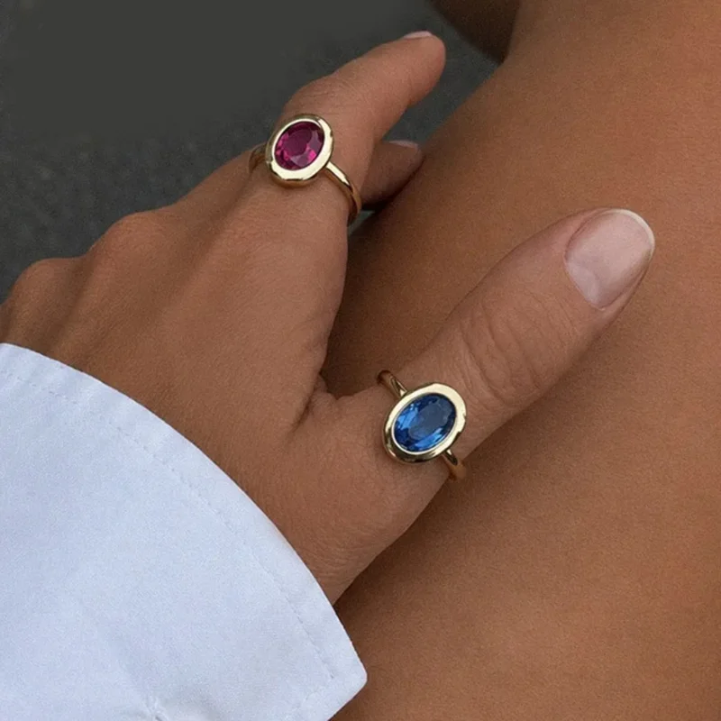 Vintage Luxury Blue /Red Crystal Geometry Oval Rings  for Women Fashion Accessories Personalized Party Jewelry Daily Wear Gifts