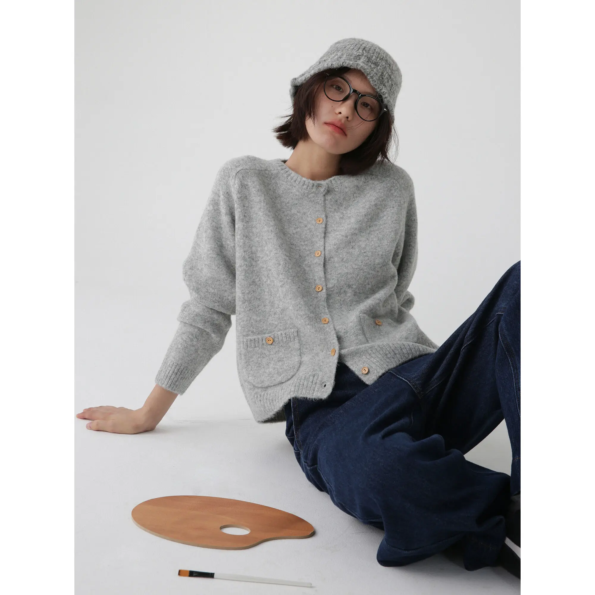 Pink Knit Cardigan Round Neck Gray Sweater Cardigan Women Autumn Winter, Loose, Soft Knitted Jacket