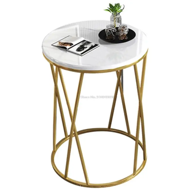 Simple Light Luxury Small Round Tea Table with Marble Edge Iron Frame, Multifunctional Sofa Side Table for Living Room Balcony B