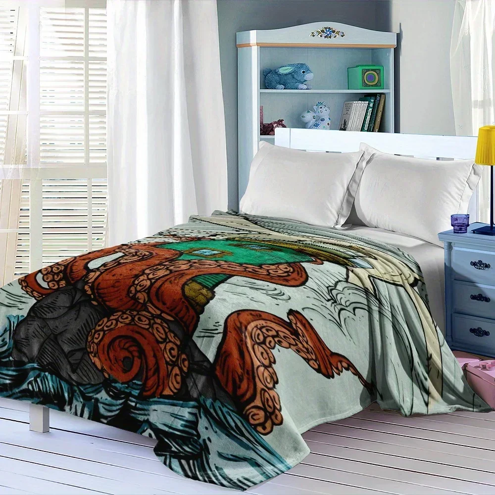 Whimsical Kraken and Lighthouse Throw Blanket Nautical Ocean Sea Art Cozy Home Decor Gift