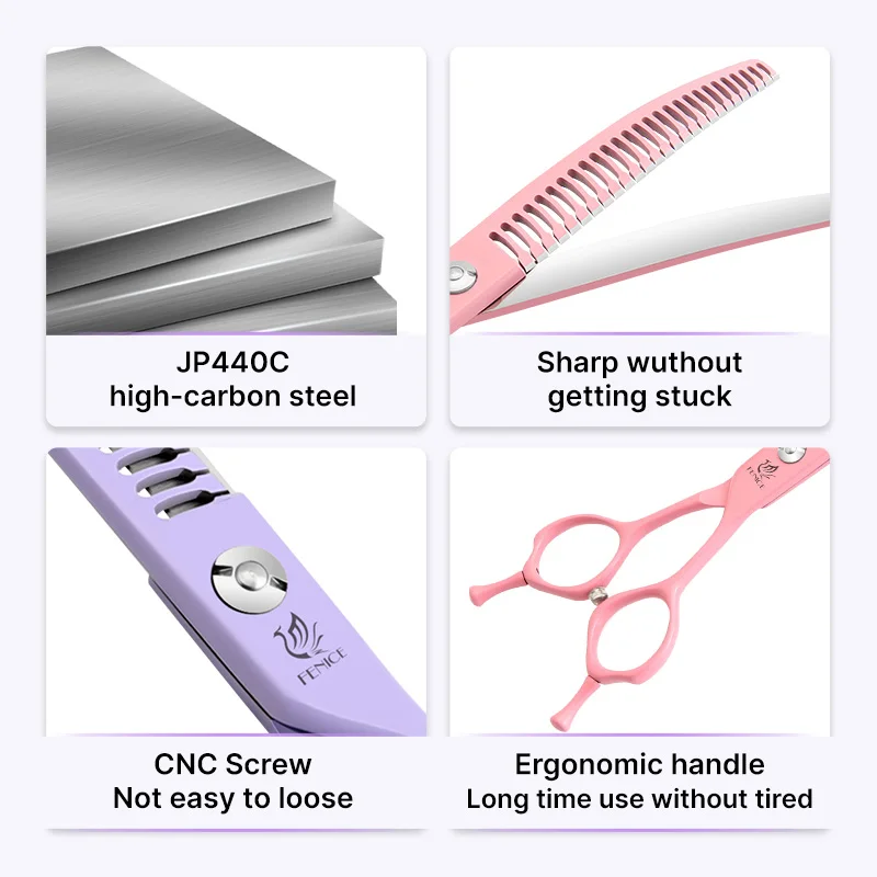 Fenice Professional 6.5/7.0/7.5 inch JP440C Steel Colorful Pink/Purple Curved Chunker Scissors Shears for Pet Grooming Tools