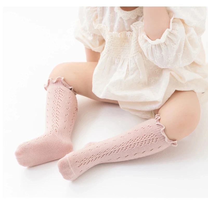 Chaussettes hautes en maille pour bébés filles, 6 couleurs, longues, fines, en coton, respirantes, à volants, princesse, printemps été 2024