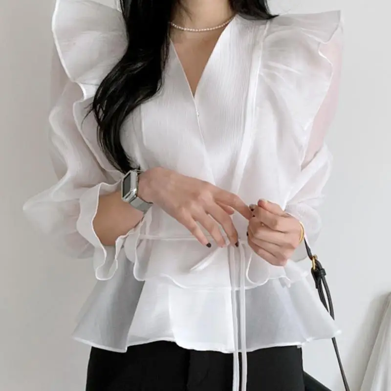 Women Vintage Ruffles Elegant Blouse Autumn Fashion V Neck Chic Chiffon Shirts Solid Long Sleeve Gothic Tops Slim Blusas