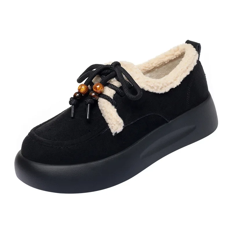 

4cm Fashion All Match Comfortable Lace up Flock Warm Shoes Winter 2025 Women's Casual Shoes Soft Leather Loafers for Mom Office