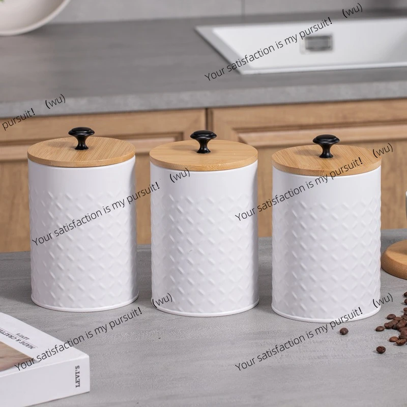Cubierta de bambú simple de escritorio, tanque sellado, granos de café, té, gelatina, almacenamiento de granos, patrón de cocina, tanque de almacenamiento de metal