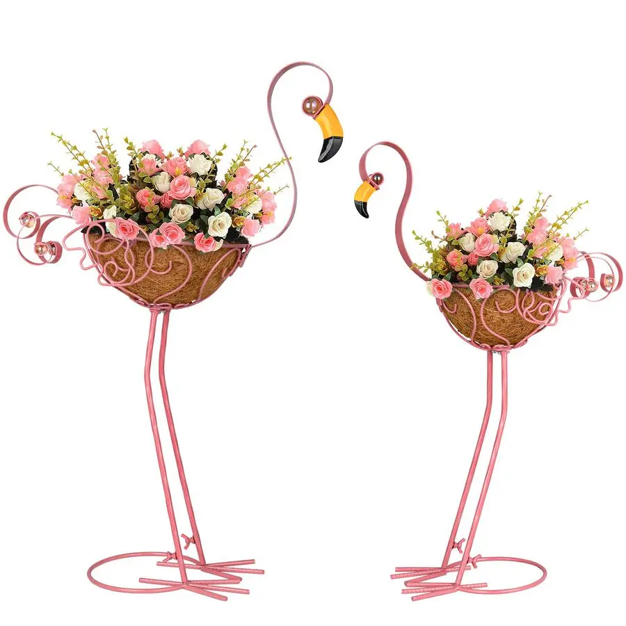 

Set of 2 Pink Flamingo Outdoor Planters with Basket, Metal Flamingo Planter for Indoor Outdoor Garden Yard Decor