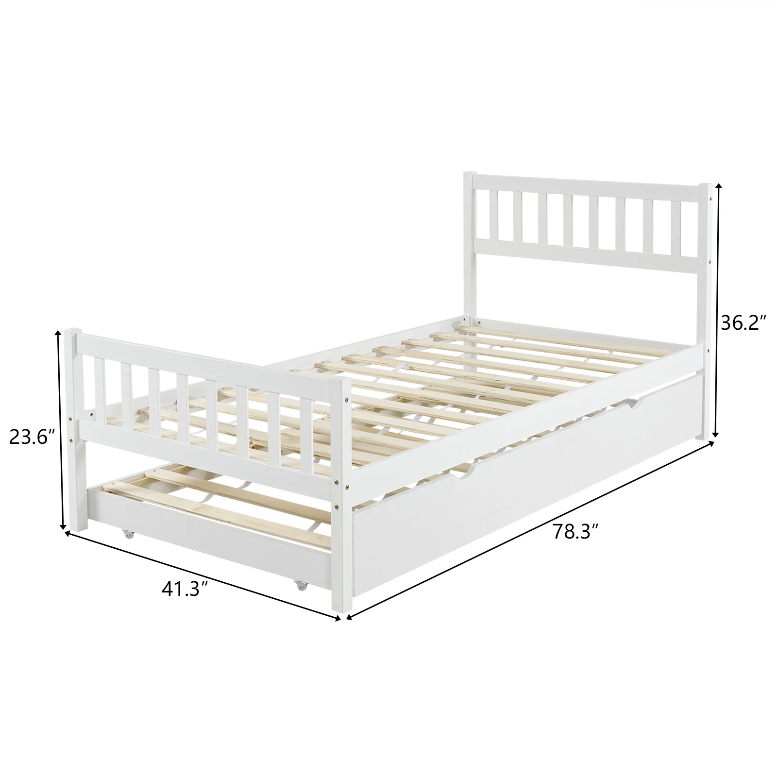 Litera individual con cama de arrastre, cama de madera doble blanca, tablero de partículas de pino, cama de arrastre