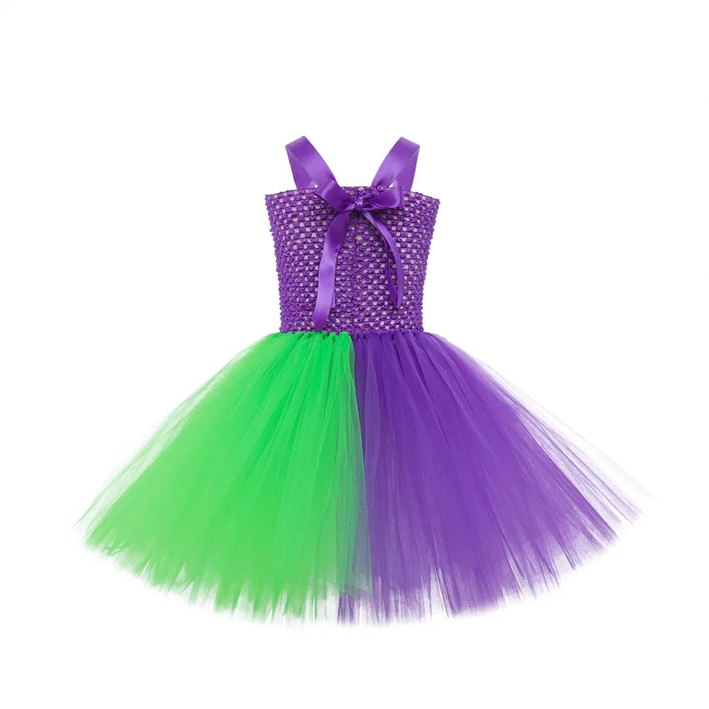 Kid Purim Cute Naughty Clown Costume Purple Green Circus Cosplay Carnival Halloween Fancy Party Dress Tulle Girls Tutu Dress