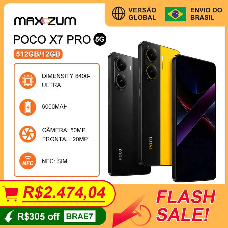 Poco X7 PRO 5G 512GB e 12GB RAM, Smartphone com Processador Dimensity 8400-Ultra, Câmera de 50MP, Bateria de 6000mAh