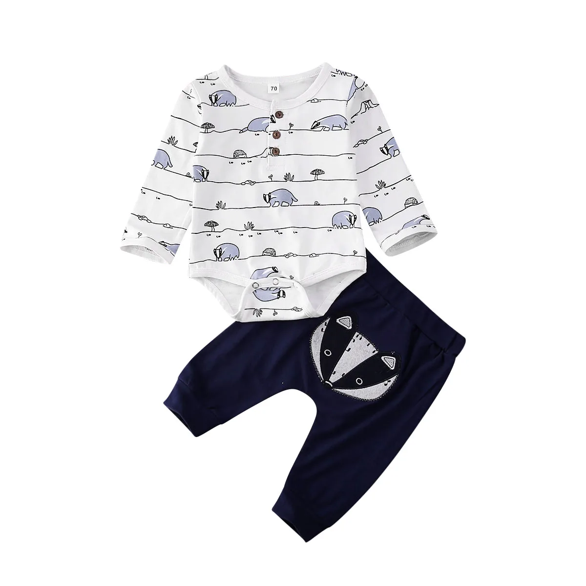 Baby Fox Printing Clothes Set Casual Boys Girls Long Sleeve Jumpsuit Long Trousers