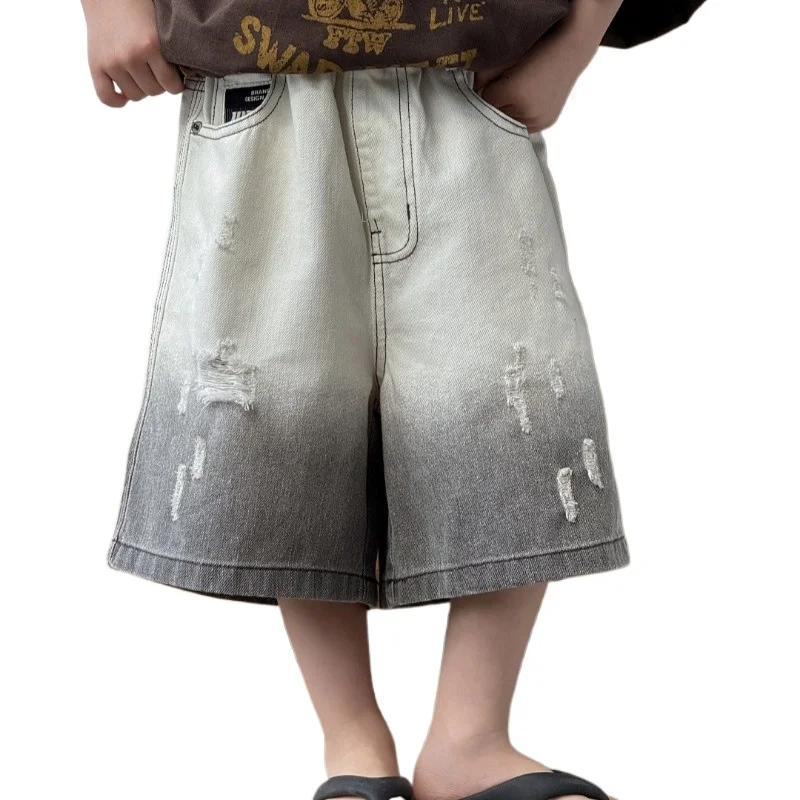Stylish Boys' Denim Shorts Gradient Color Ripped Jeans Kids' Clothing 2025 Summer Trendy Mid-length Pants 90-150cm