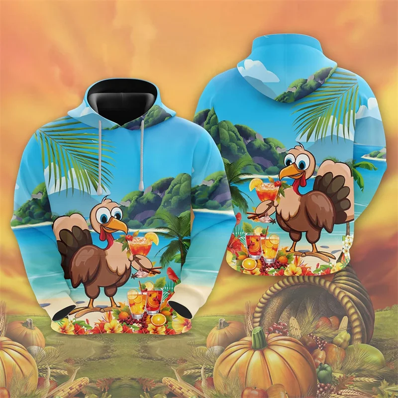 Vintage 3D Happy Thanksgiving Day Printing Hoodies Drawstring Turkey Pumpkin Graphic Hooded Sweatshirts Funny Mens Clothing Tops