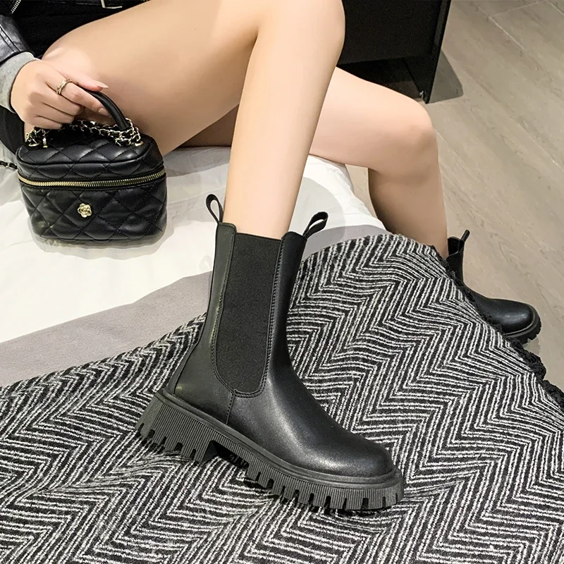 Warm Platform Women Shoes Sweet Boots Shoes Female Winter Autumn Slip on Hoof Mid Heels Knitting Leather Modern Boots Zapatos