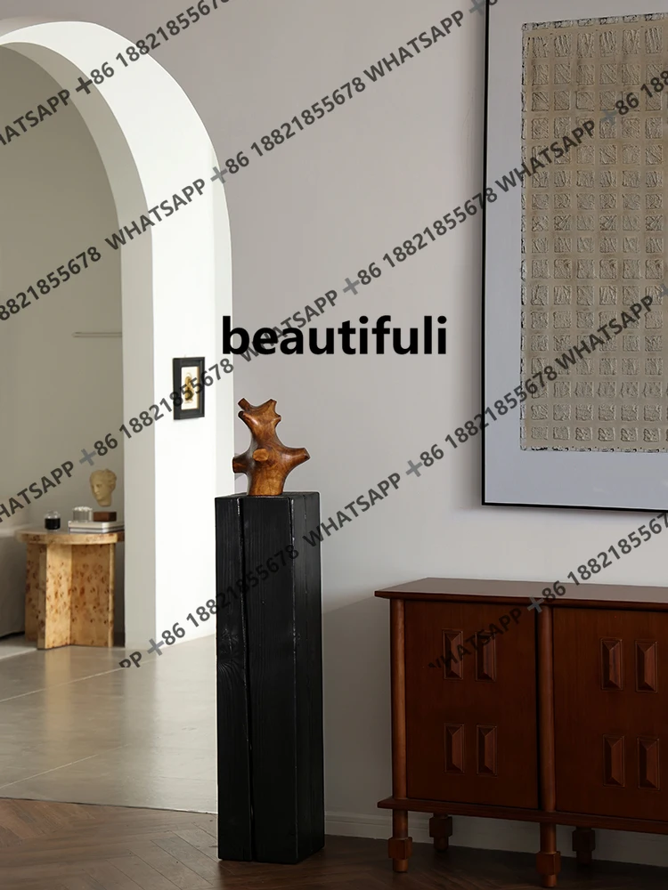 Solid wood sculpture ornaments, floor-to-ceiling carbonized wood pillars, wabi-sabi wind, entrance stairs, corner piers