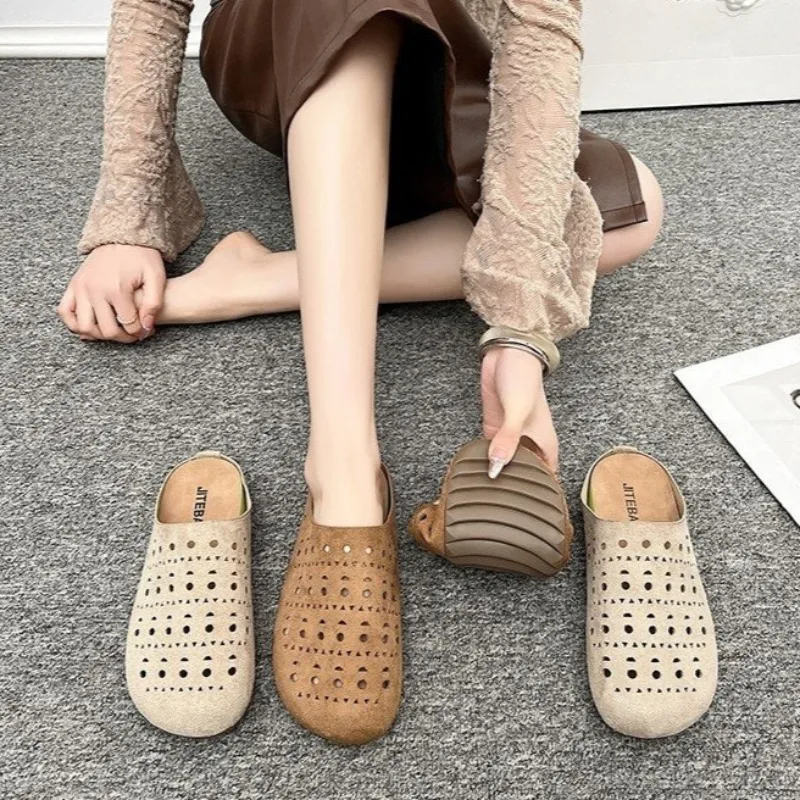 2025 New Arrival Concise Suede Round-Toe Comfortable Woman Slippers Hollow Slides Loafers Female Beach Shoes