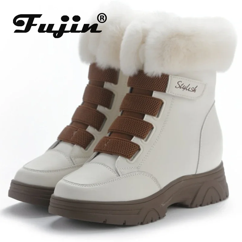 Fujin 7cm Fur Genuine Leather Cushioned Platform Wedge Winter Plush Fur Spring Women Warm Durable Ankle Boots Autumn Hook Shoes