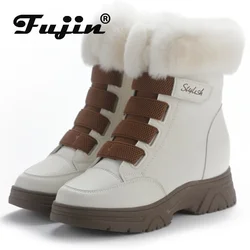 Fujin 7cm Fur Genuine Leather Cushioned Platform Wedge Winter Plush Fur Spring Women Warm Durable Ankle Boots Autumn Hook Shoes