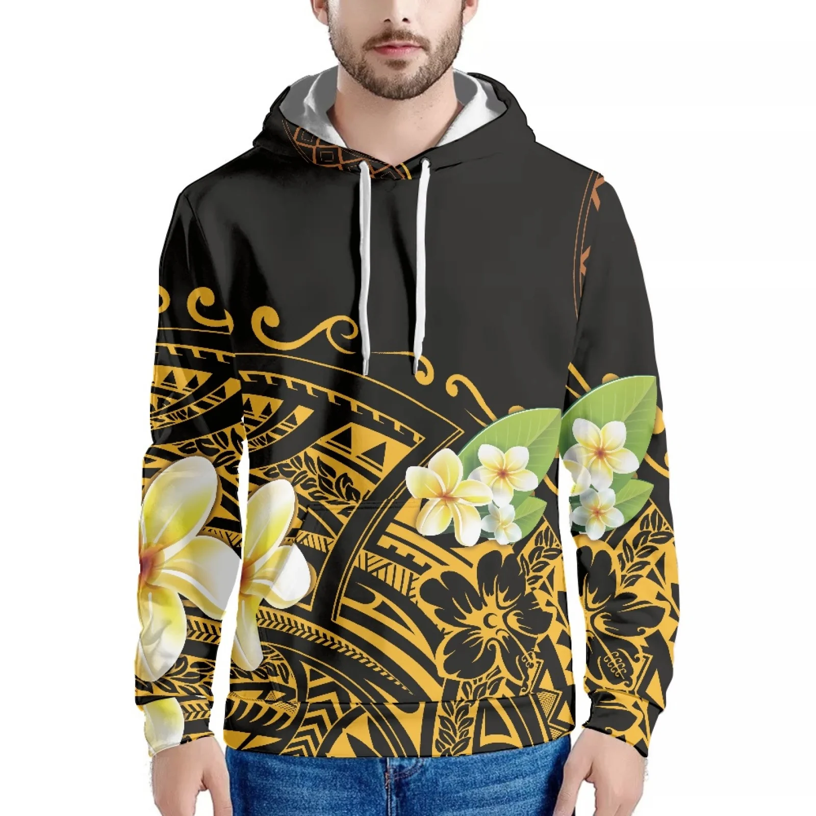 

Plumeria Polynesian Style Graphic Design Printed Hawaiian Sweatshirt Long Sleeve Fashion Hoodie Slim Men's Hoodie Fall/Winter