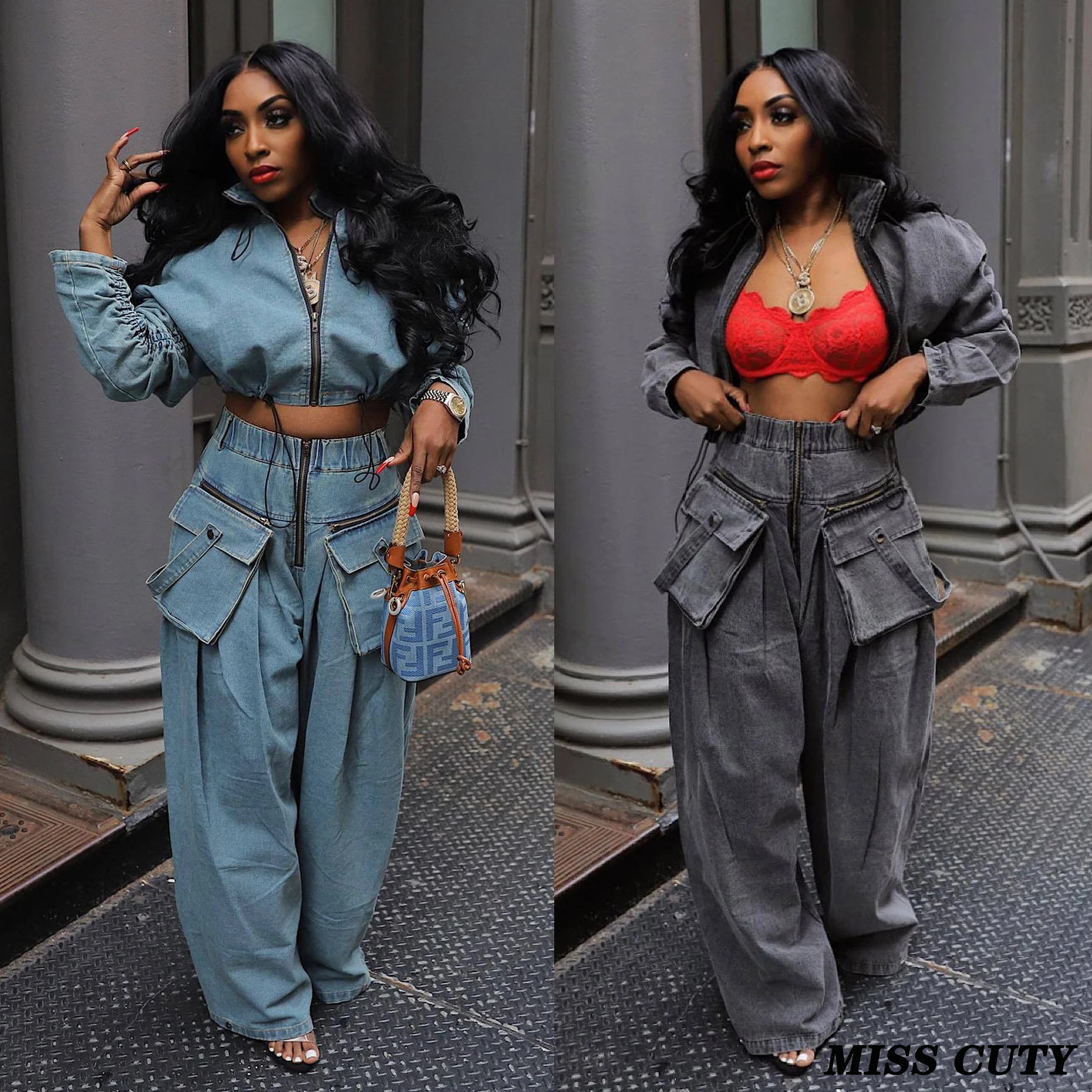 Denim Crop Jackets Two Piece Sets Women Winter Fall Outfits Y2K Streetwear 2023 Ladies Denim Coats Jeans 2 Piece Set Outfits