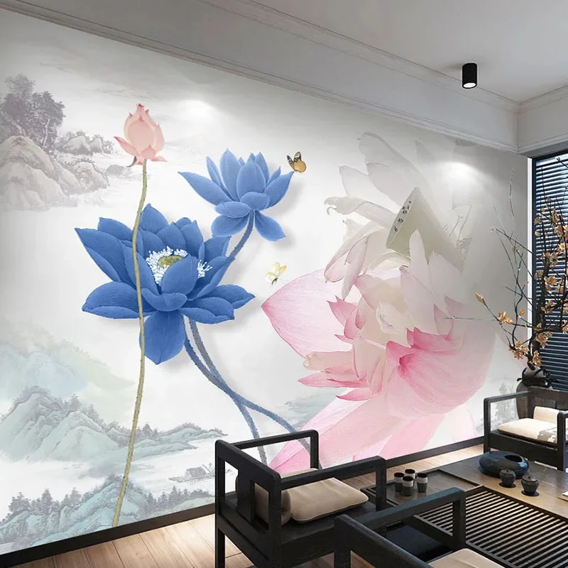 

Custom Photo Wallpaper New Chinese Style Ink Lotus Flower Fresco Restaurant Study Living Room Bedroom Mural Papel De Parede 3D