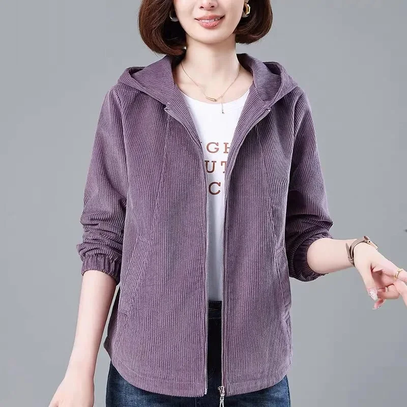 Korean Lady Fashion Hooded Casual Jacket Autumn Women Large Size 4XL Tops Coat Spring Female Solid Color Loose Corduroy  Outwear