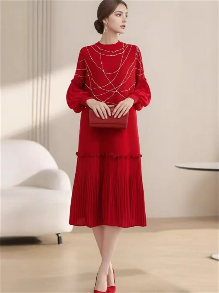 Miyake pleats, women's clothing, printed beads, O-neck lantern sleeves, loose, ruffles, dress, elegant, fashionable, 2026 new view 2