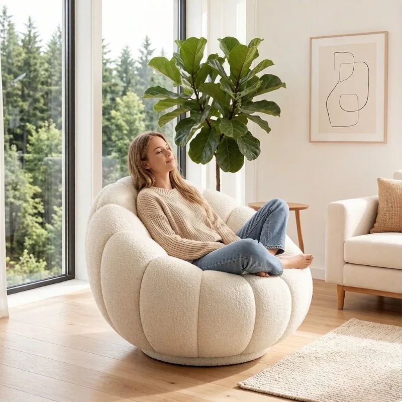 Lamb Wool Plush Single Sofa Chair, Cream Wind Relax Pumpkin Sofa for Rest & Nap