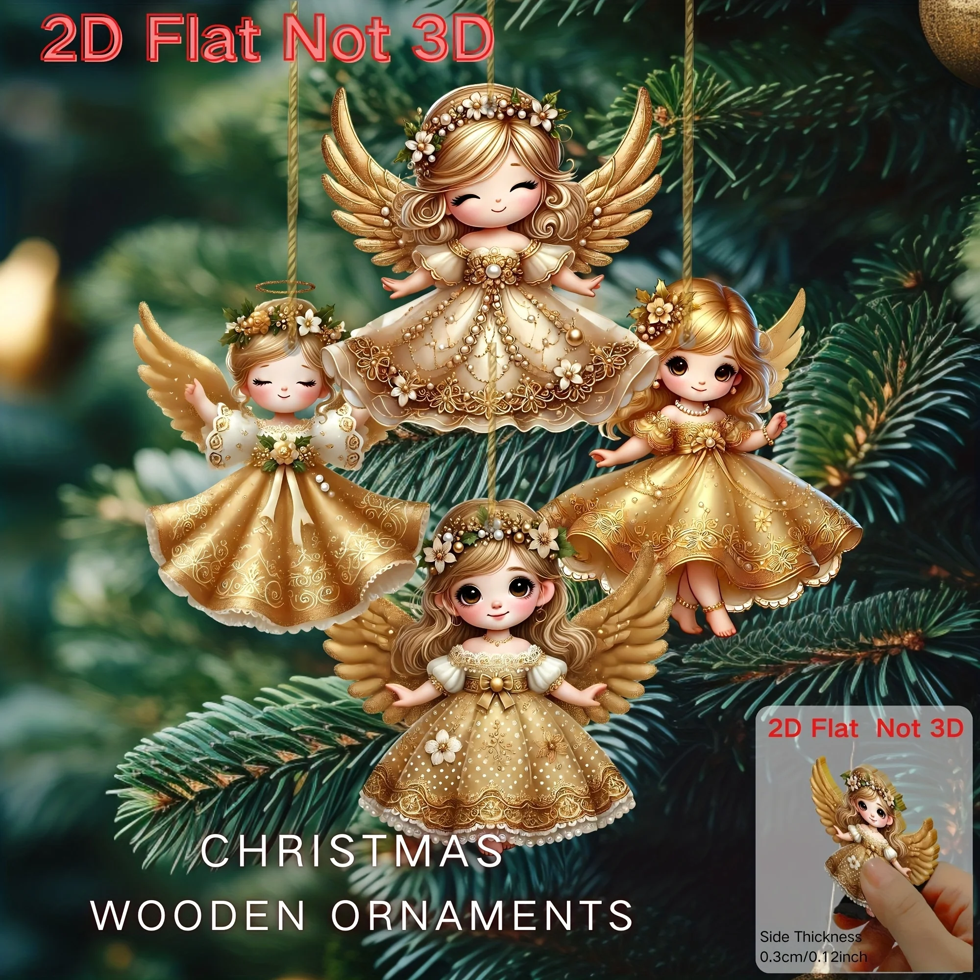 12 قطعة من الحلي المعلقة لعيد الميلاد ثنائية الأبعاد من الملائكة الذهبية الصغيرة لتزيين العطلة صندوق هدايا ديكور شجرة عيد الميلاد