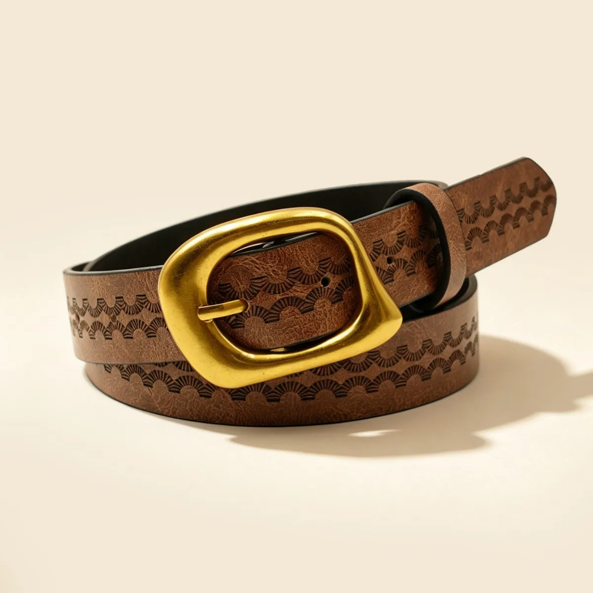 Antique gold oval needle buckle flower thin belt, retro American versatile women's decorative belt