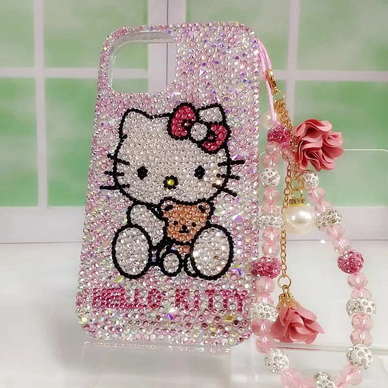 

Rhinestone Mobile Phone Case Anime Hello Kitty for Iphone17 16 15 14Pro Max Anti-Fall All-Inclusive Sanrio Upscale Girls Gift