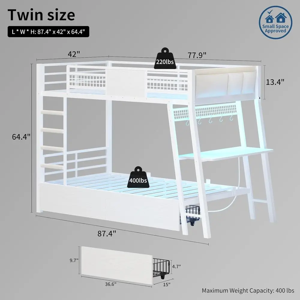 Twin Bunk Bed with Desk, RGB Lights, Storage, Safety Rails, Metal Frame, White, No Box Spring