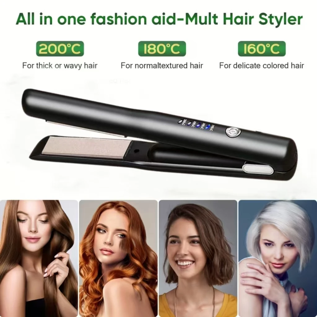 Mini Wireless USB Rechargeable Hair Straightening Comb, 2‑in‑1 Ceramic Flat Iron Curler, 2600mAh Lithium Battery Portable Travel
