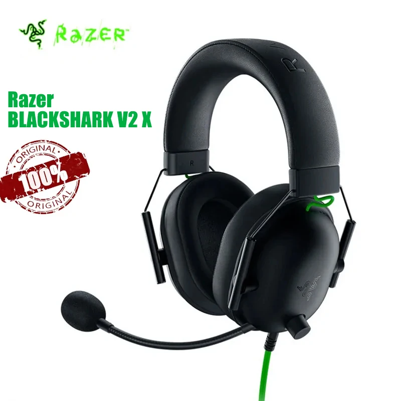 100% 오리지널 Razer BLACKSHARK V2 X 헤드폰, E-스포츠 게임 헤드셋, 마이크 포함, 7.1 서라운드 사운드 비디오 게임 이어폰 