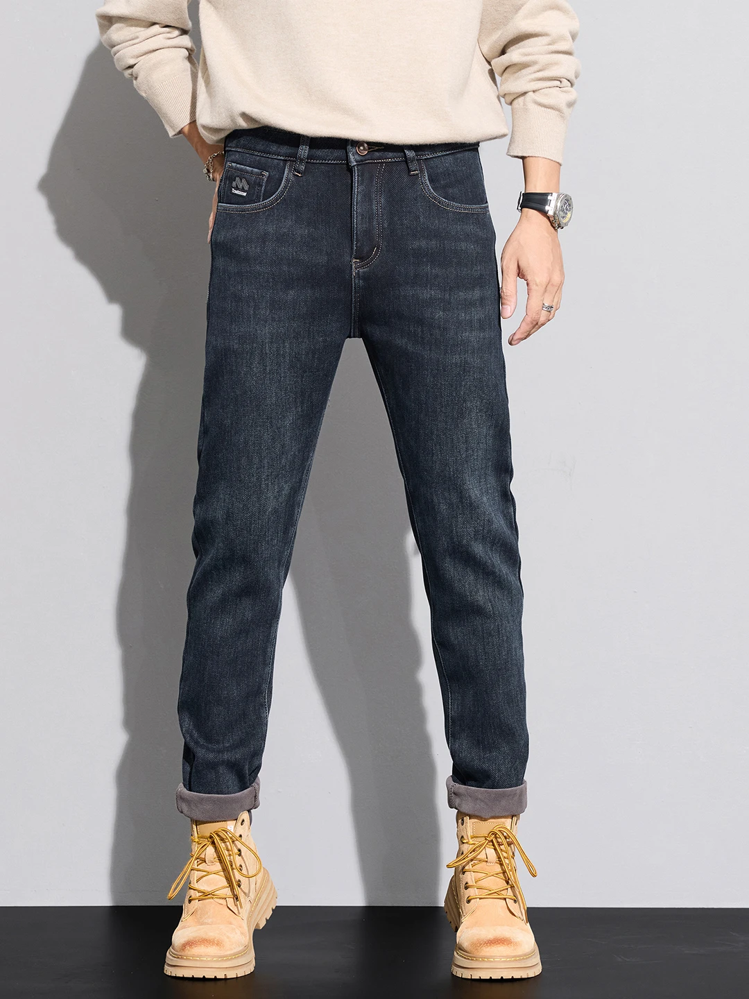 

Men's Fce Lined Slim Fit Jeans Thin Fce Trendy Brand Casual Elastic Autumn Winter Long Pants mid Waist Zipper Closure