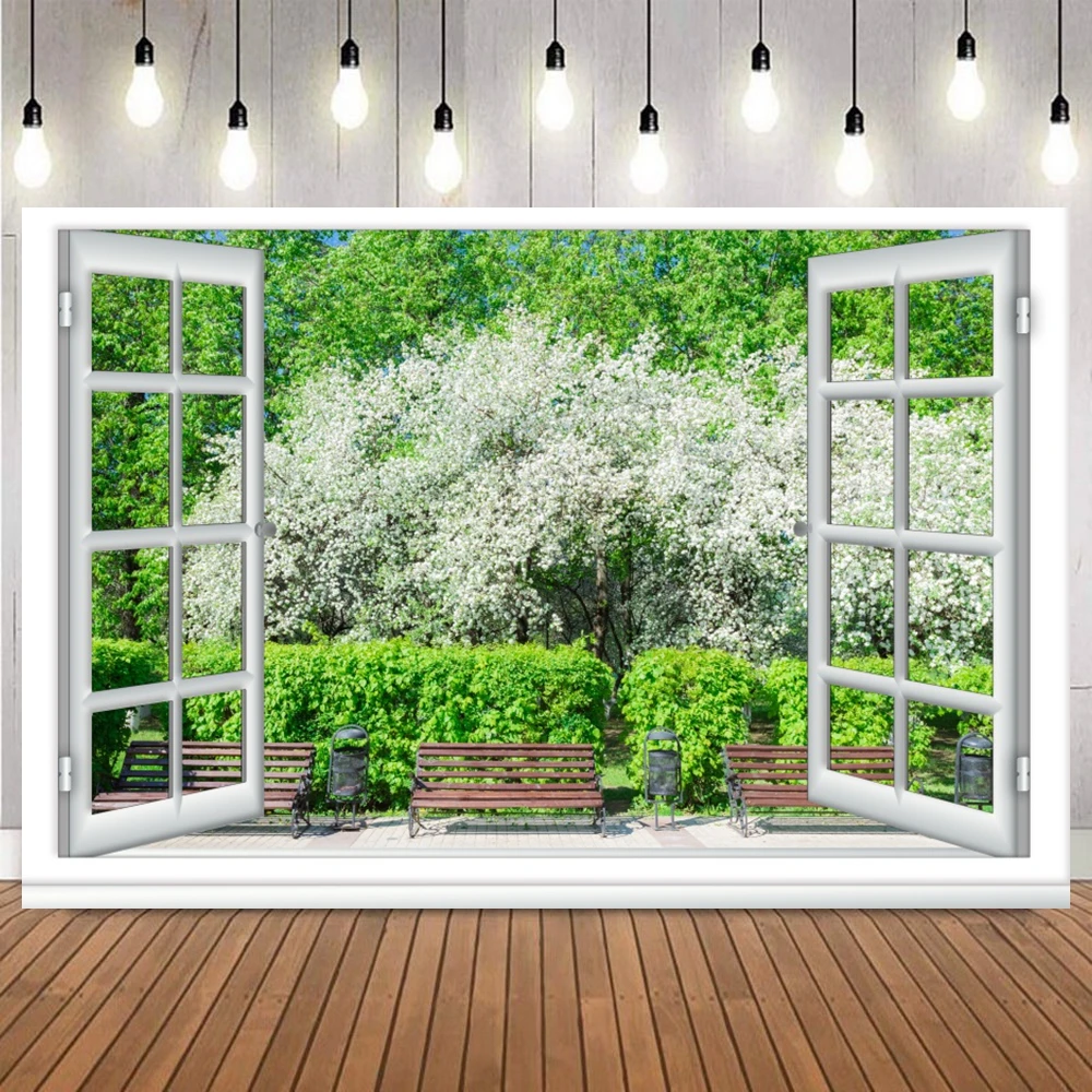 Window Spring Scenery Photography Backdrop Green Forest Nature Flower Background Party Wall Decor Family Photo Photographic Prop