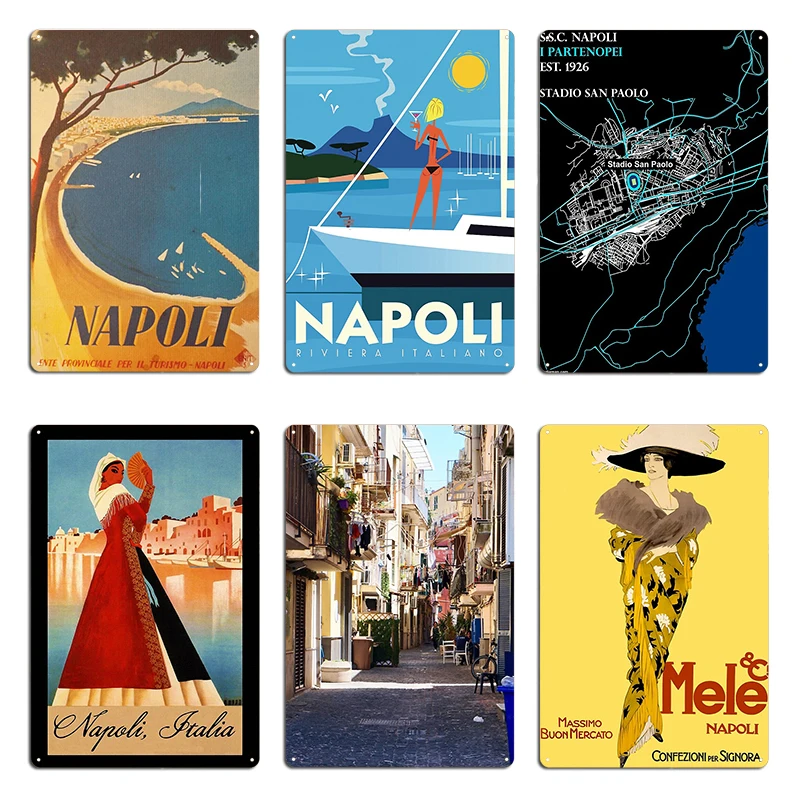 Napoli itália nápoles beira-mar praia turismo vintage italiano sinal de metal clube festa placas mural magele natoli estanho cartazes