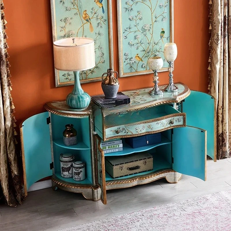 A  American painted entrance cabinet, side cabinet, pure hand-painted storage semi-circular decorative cabinet