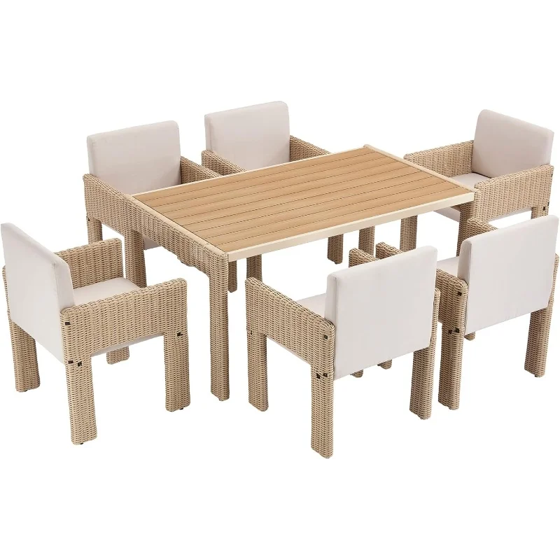 

Wicker Outdoor Dining Set for 6, Upholstered 7 Piece Patio Dining Set with Armrests,, Dining Chairs Set of 6, Beige