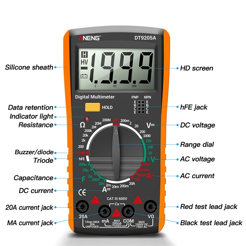 ANENG DT9205A Digital Multimeter AC/DC Transistor Tester Electrical NCV Test Meter Profesional Analog Auto Range