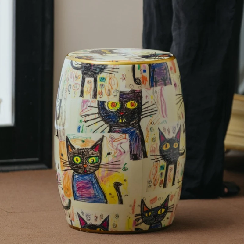 الفرنسية خمر نمط ملون رسمت باليد مقعد مستدير Schroddinger's القط طبل البراز رسمت السيراميك الحد الأدنى طاولة غرفة المعيشة