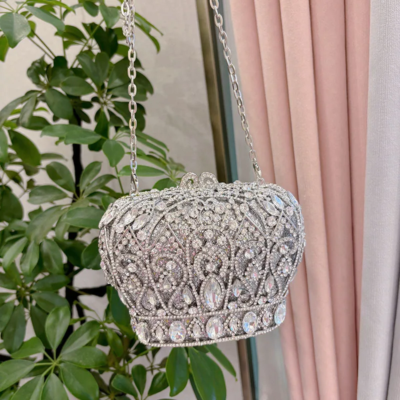 

Тяжелая промышленность, металлическая сумка в придворном стиле, корона, обеденная сумка, блестящий бриллиант, полный бриллиант, роскошная ручная сумка через плечо