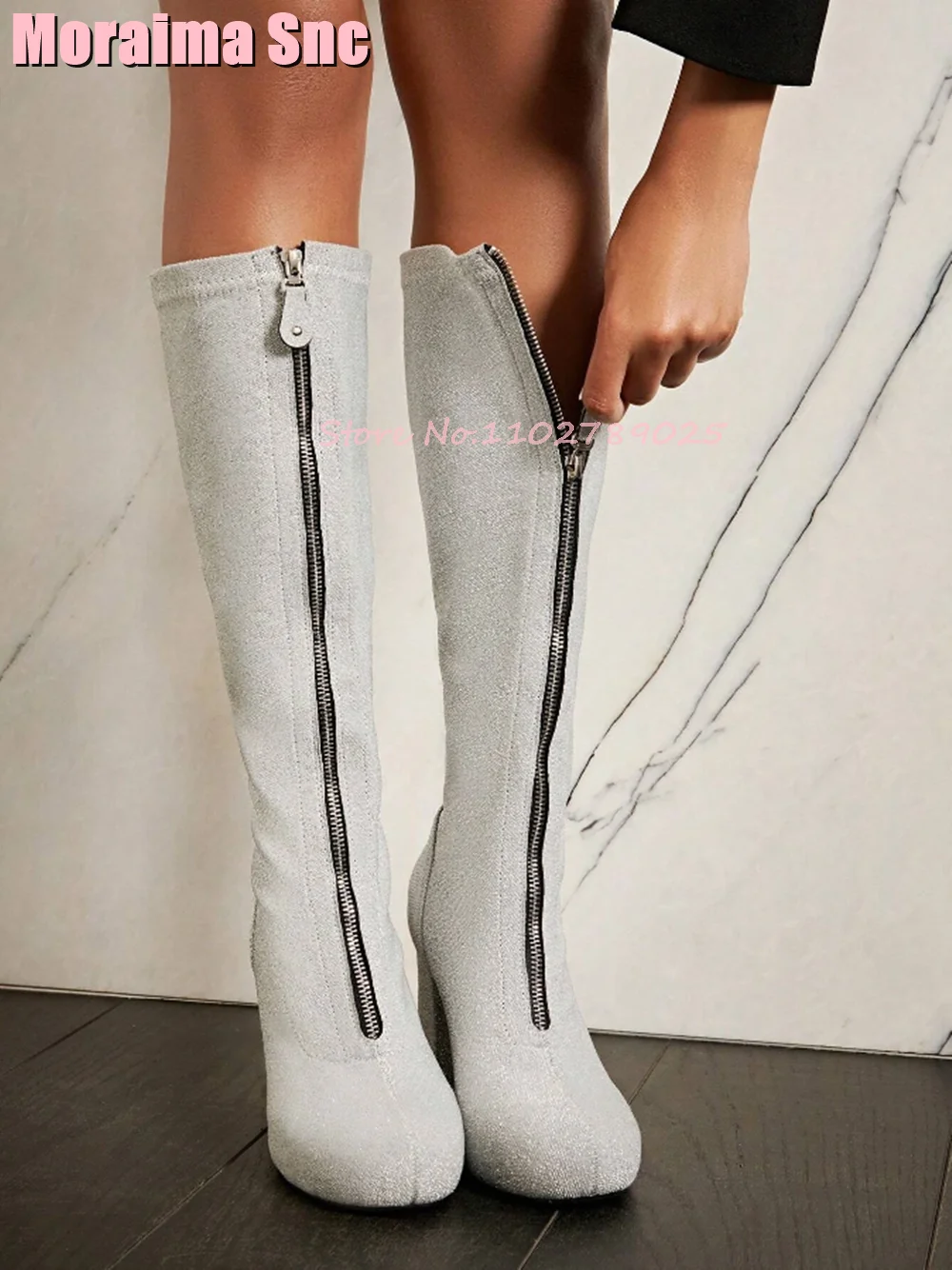 Velvet Round Toe Front Zipper Knee High Boots Block Chunky Heel Pink Solid Sexy Fashion Women Long Boots Autumn Winter Christmas