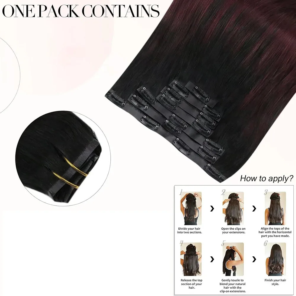 1B/99J Borgoña 8 Uds Color recto Clip-In extensiones de cabello humano 8-24 pulgadas 100% virgen Remy brasileño sin procesar para mujeres