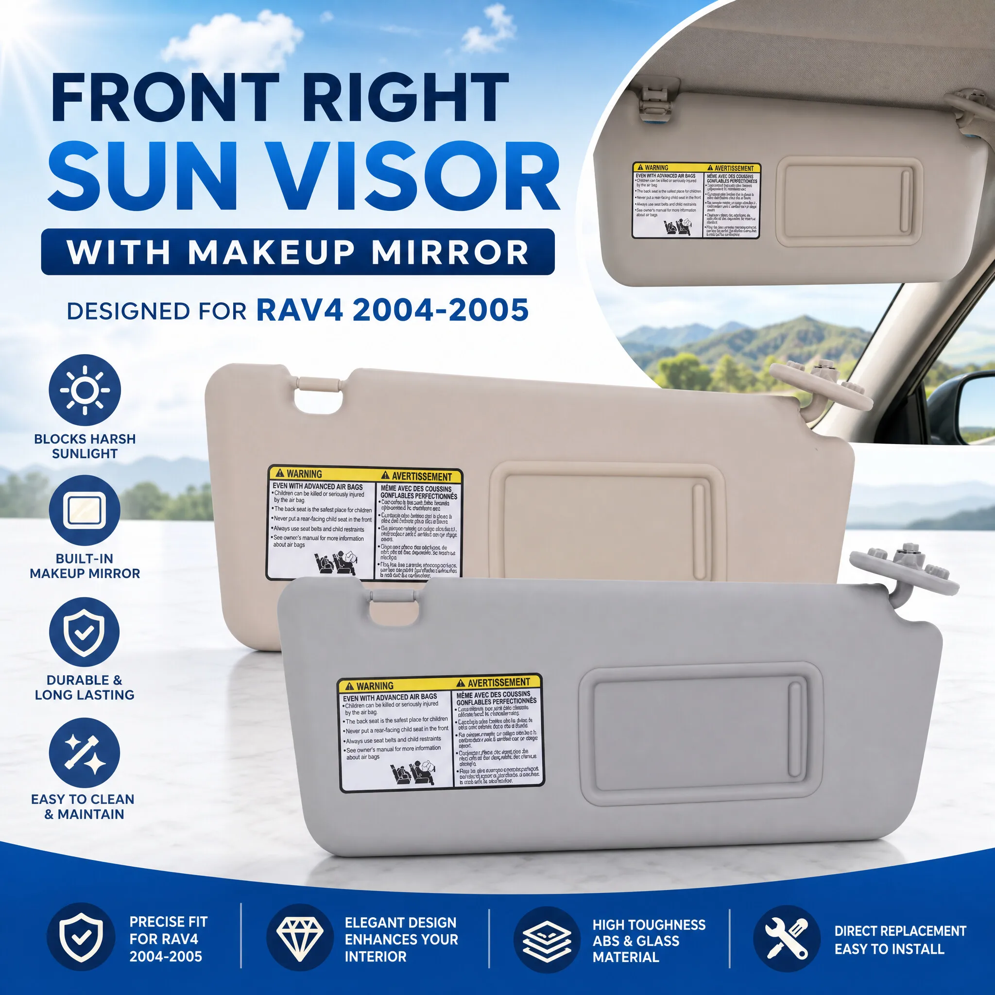 Car Front Right Passenger Side Sun Visor with Makeup Mirror Sun Blocking Elegant for RAV4 2004 to 2005 Car Accessories