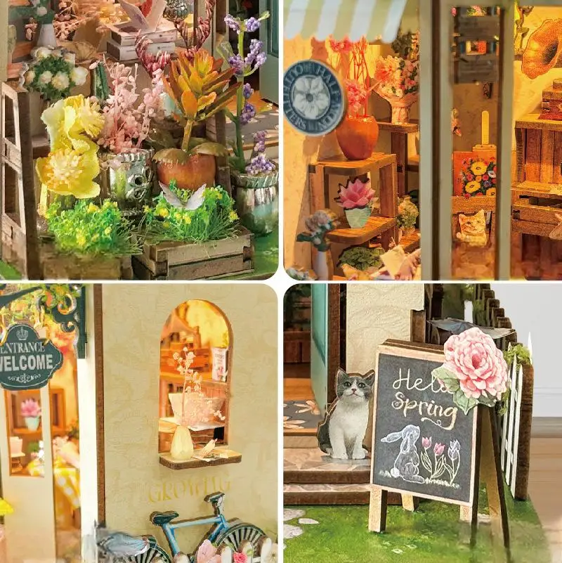 مجموعة OUZEY 3D Wooden Book Nook DIY - "Cottage زهر الربيع" مع تماثيل وكتب صغيرة، هدية للفتيات، ديكور منزلي