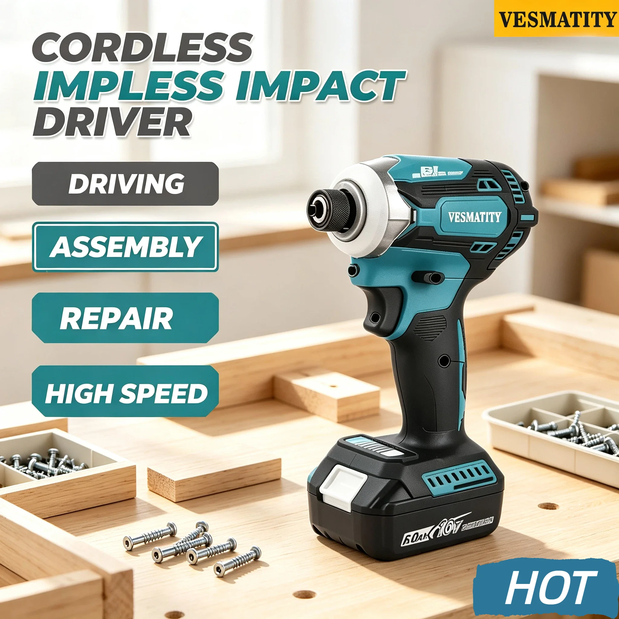 Vesmatity Brushless Impact Driver 180Nm Cordless Lightweight One-Hand Mode Switch Tool 18V 20V Battery Repair HD Max