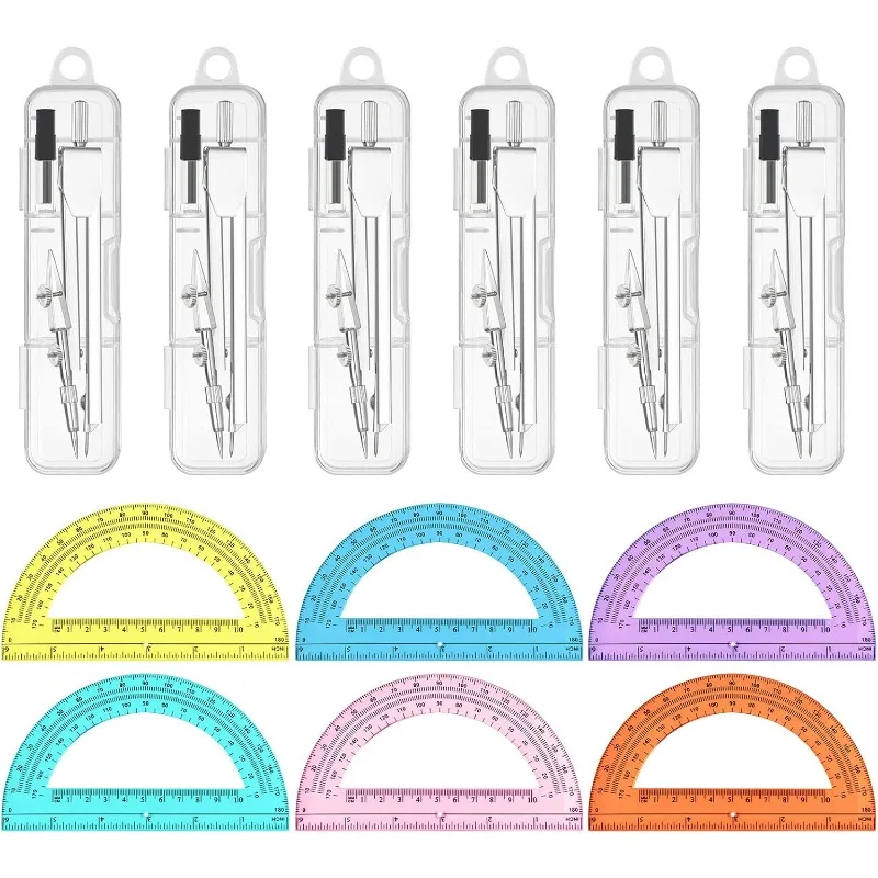 

6 Sets Compass and Protractor Sets Student Basics Geometry Math Set Metal Compass and 6 Inch 180 Degree Protractors Geometry Gra