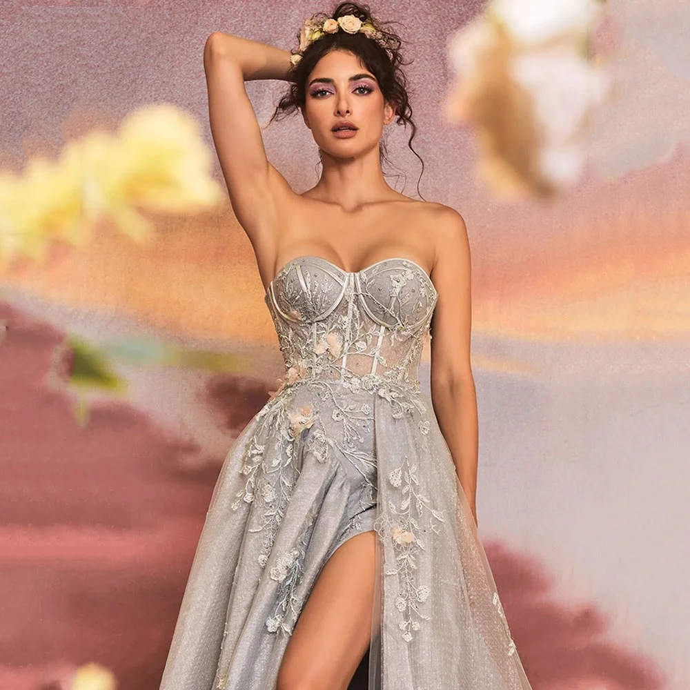 Amanda Sexy 3D Flower Strapless Vestidos De Noche Side Split Grey فساتين مناسبة رسمية Sweet Sleeveless A-line Prom Dress 2023